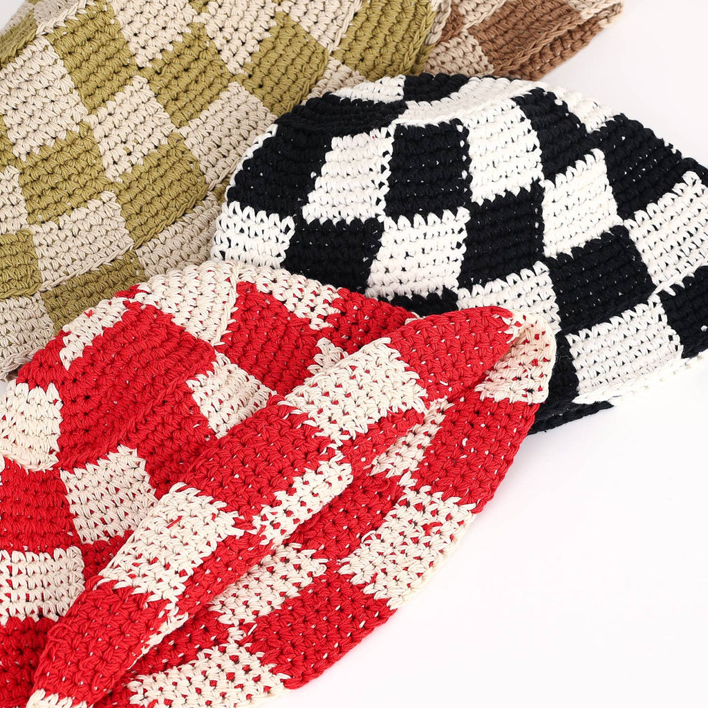 Hand Knit Checkered Crochet Bucket Hat in red, black and green