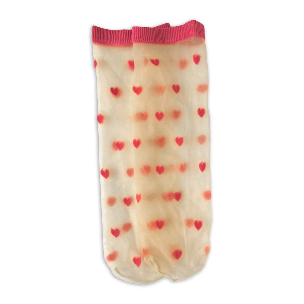 Super cute and unique transparent socks with ribbed cuffs and an all over pattern of small hearts in Pink