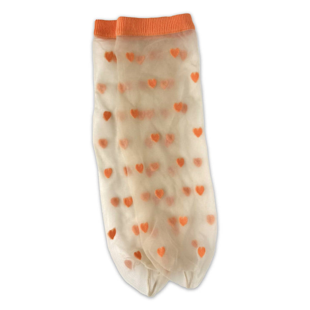 Super cute and unique transparent socks with ribbed cuffs and an all over pattern of small hearts in Orange