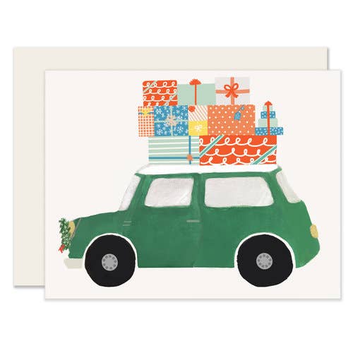 Mini Gifts Sitting in a green car holiday card