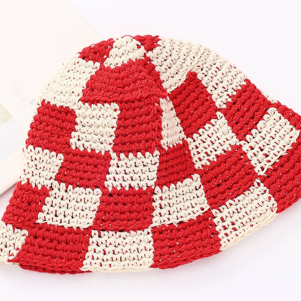 Hand Knit Checkered Crochet Bucket Hat in red