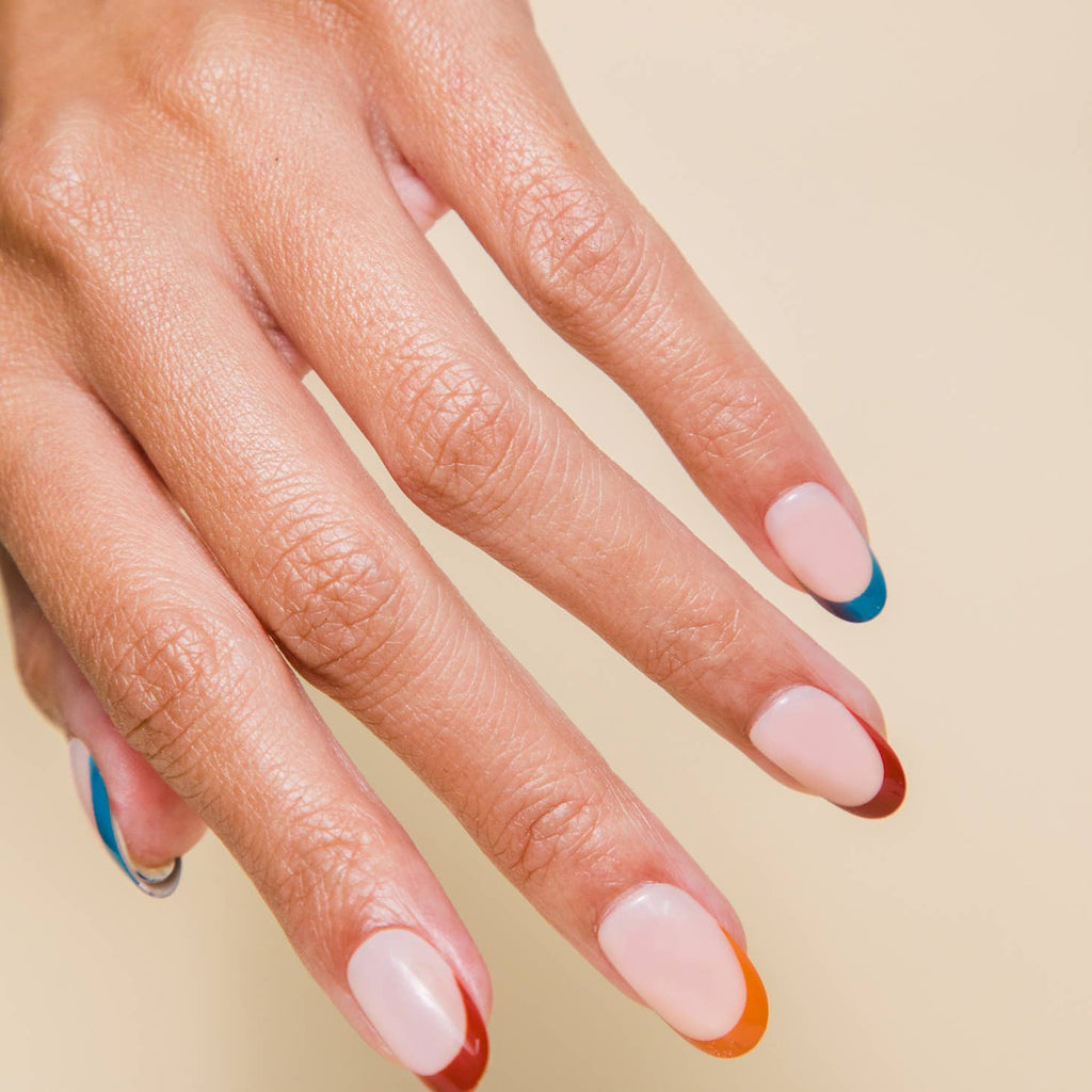 Press on nails with red, blue and orange french