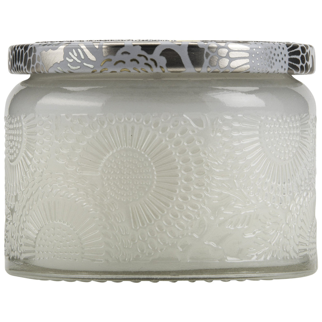Petite Embossed Glass Jar Candle in Mokara design by Voluspa