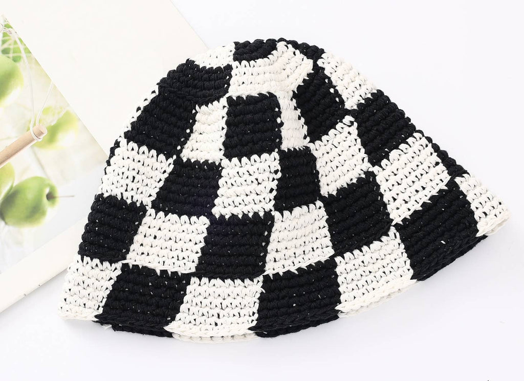 Hand Knit Checkered Crochet Bucket Hat in black