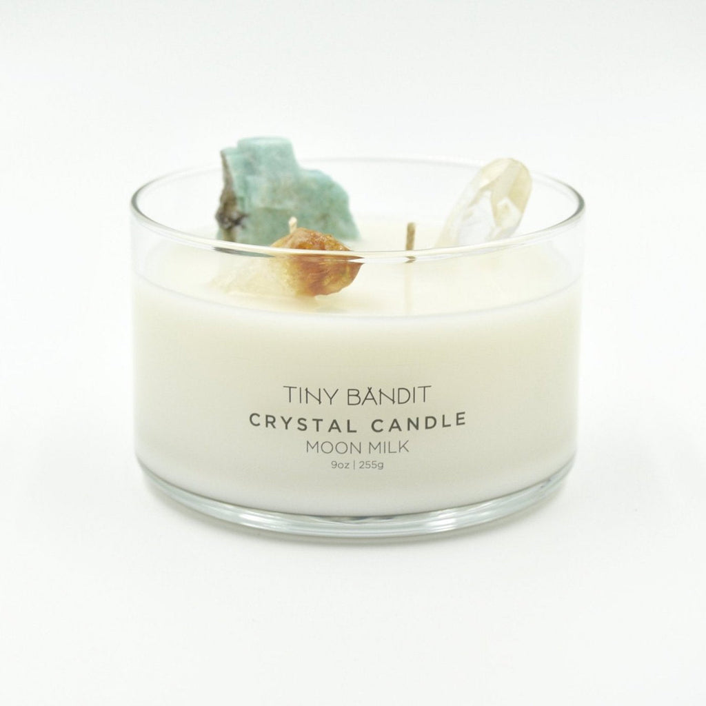 moon milk crystal candle in various sizes design by tiny bandit 1