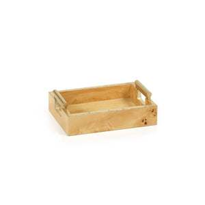 Leiden Burl Wood Rectangular Tray w/ Gold Handles - Small