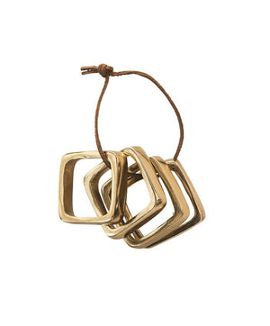 Square Metal Napkin Rings on Leather Tie in Brass Finish