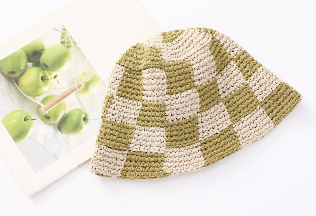Hand Knit Checkered Crochet Bucket Hat in green
